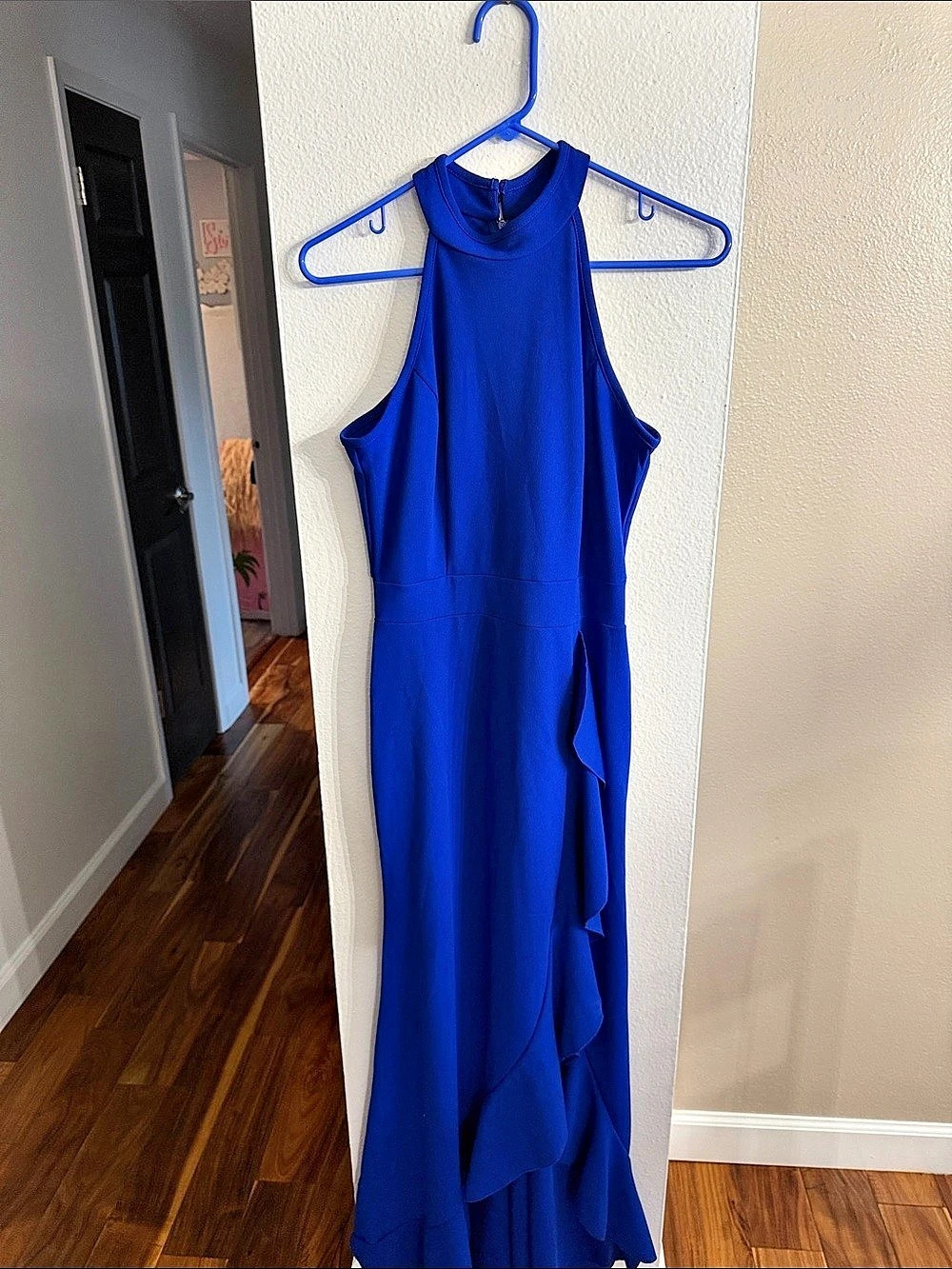 Woosea Halter Ruffle Front Slit Maxi Dress Blue Medium